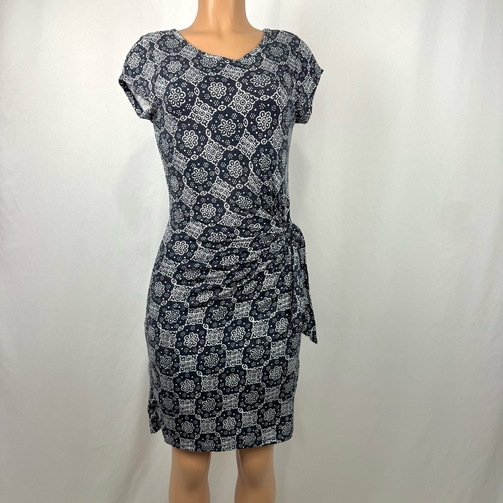 Loft Short Sleeve Side Tie Dress Women's XS Lined Stretch Navy Geometric Print - Picture 3 of 12